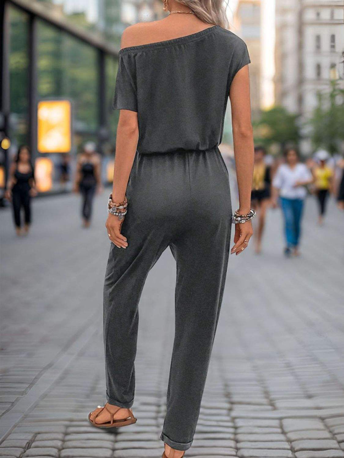 Single Shoulder Short Sleeve Jumpsuit - Trendsi - Flyclothing LLC