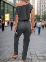 Single Shoulder Short Sleeve Jumpsuit - Trendsi - Flyclothing LLC
