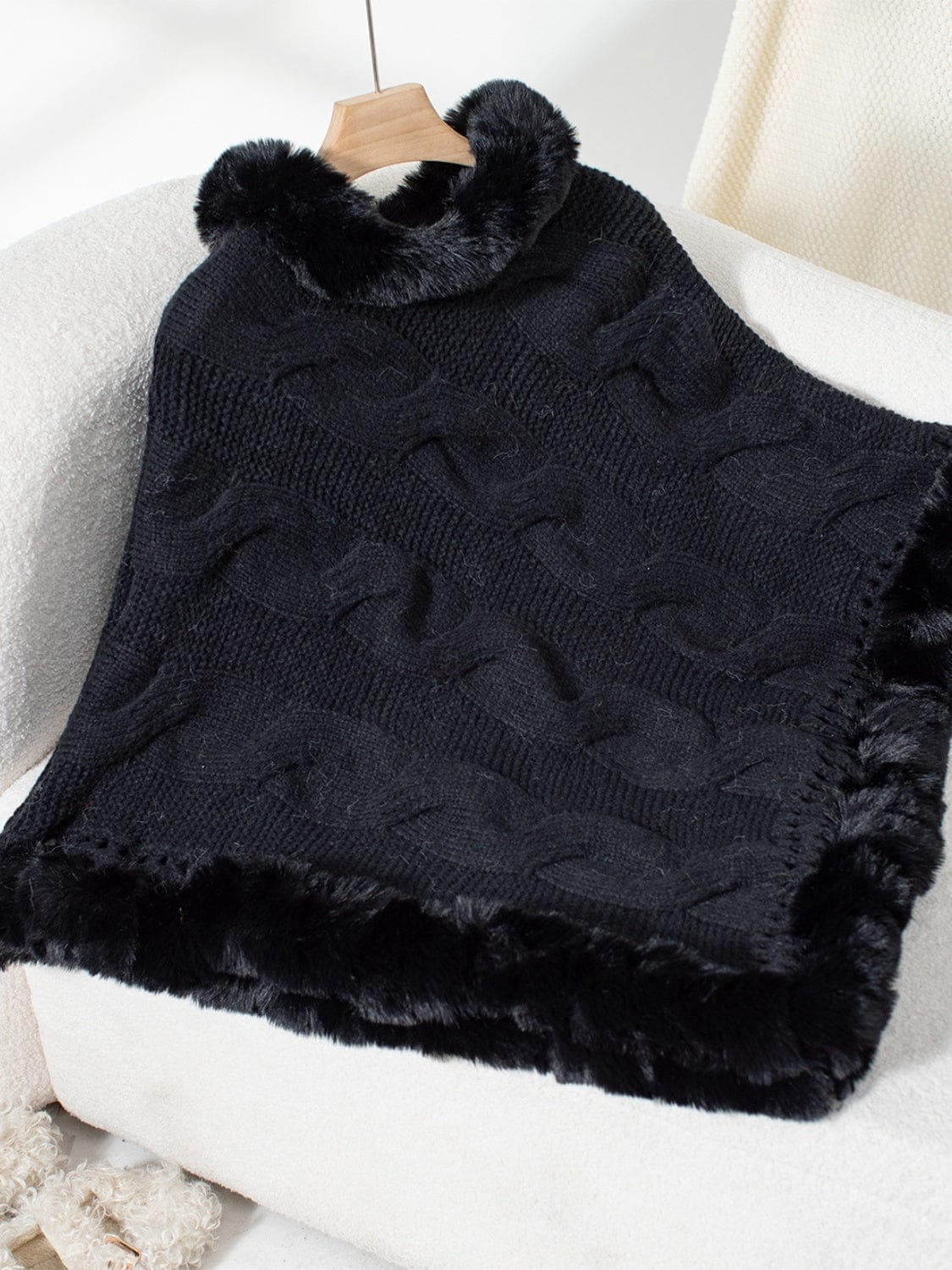 Fuzzy Hem Cable-Knit Poncho - Trendsi