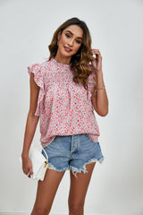 Ruffled Ditsy Floral Mock Neck Cap Sleeve Blouse - Trendsi