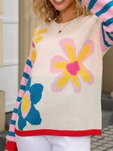 Floral Striped Crew Neck Sweater - Trendsi - Flyclothing LLC