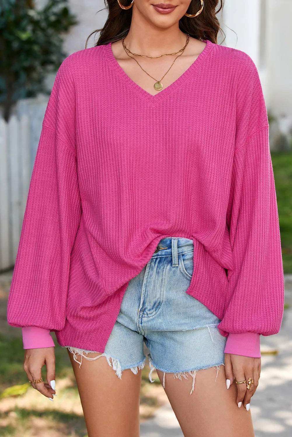 Waffle-Knit V-Neck Long Sleeve Top - Trendsi - Flyclothing LLC