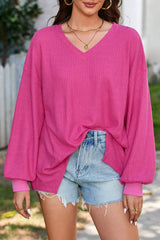 Waffle-Knit V-Neck Long Sleeve Top - Trendsi - Flyclothing LLC