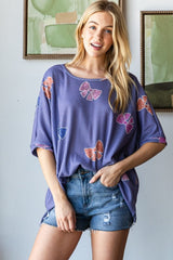 HOPELY Bow Print Waffle Side Slit T-Shirt - Trendsi