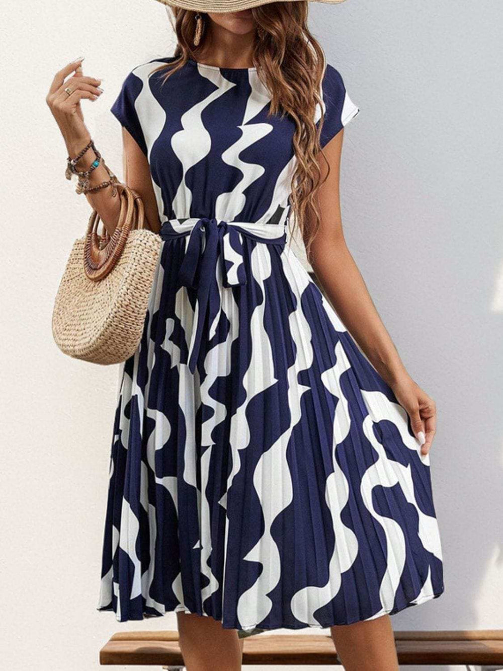 Tied Pleated Printed Cap Sleeve Dress - Trendsi - Flyclothing LLC