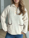 Contrast Trim Quarter Button Long Sleeve Sweater - Trendsi - Flyclothing LLC