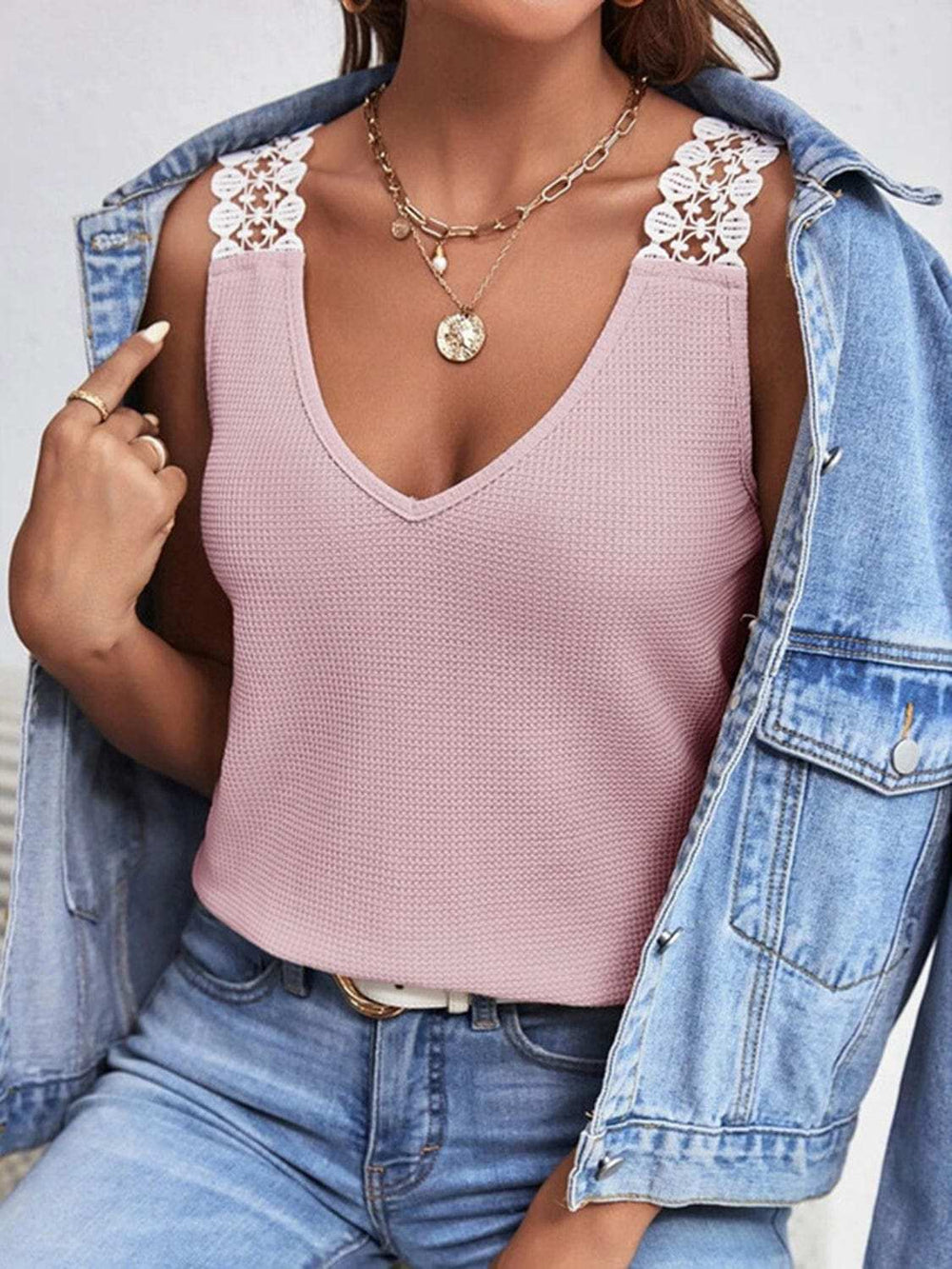 Lace Detail Waffle-Knit V-Neck Tank - Trendsi - Flyclothing LLC