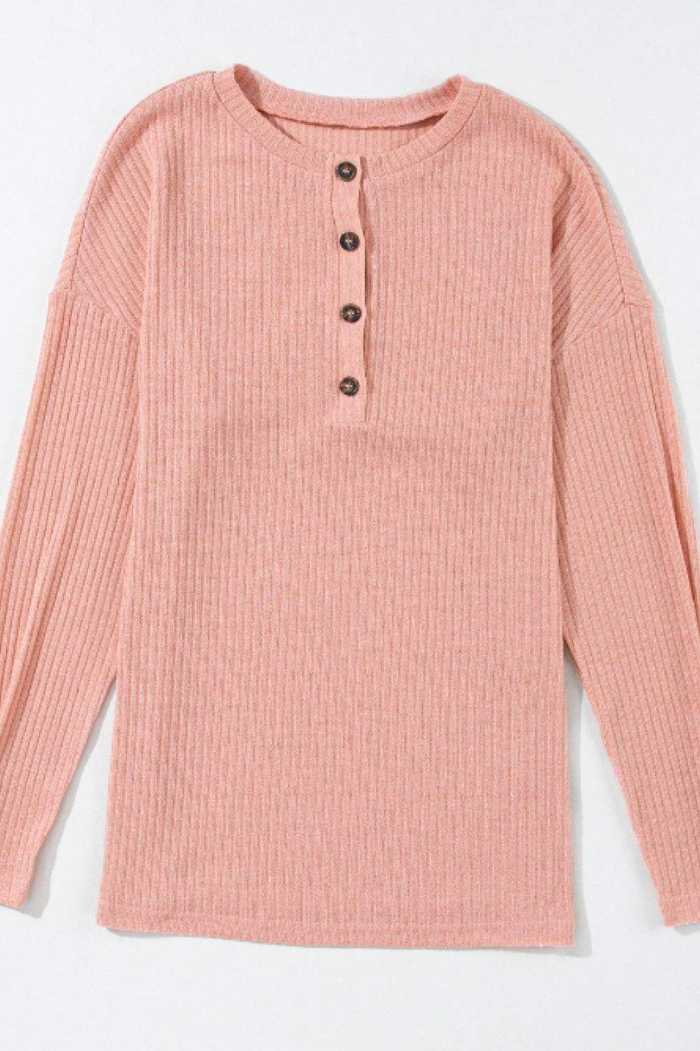 Quarter Button Round Neck Dropped Shoulder Knit Top - Trendsi - Flyclothing LLC