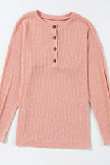 Quarter Button Round Neck Dropped Shoulder Knit Top - Trendsi - Flyclothing LLC