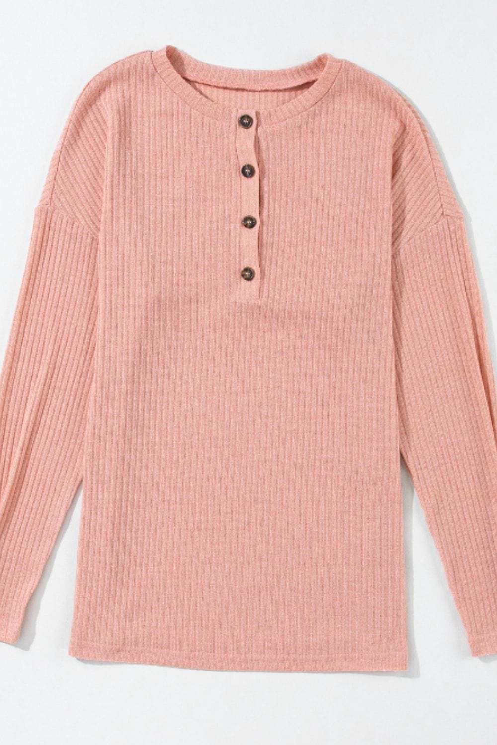 Quarter Button Round Neck Dropped Shoulder Knit Top - Trendsi - Flyclothing LLC