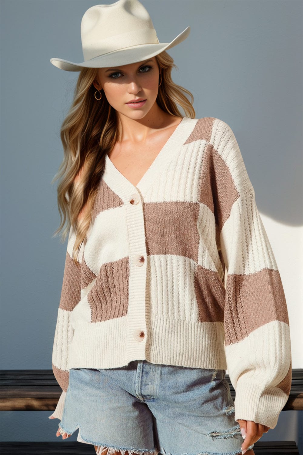 Double Take Full Size Checkered Dropped Shoulder Cardigan - Trendsi