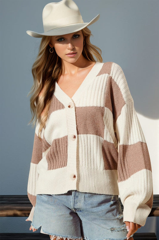 Double Take Full Size Checkered Dropped Shoulder Cardigan - Trendsi