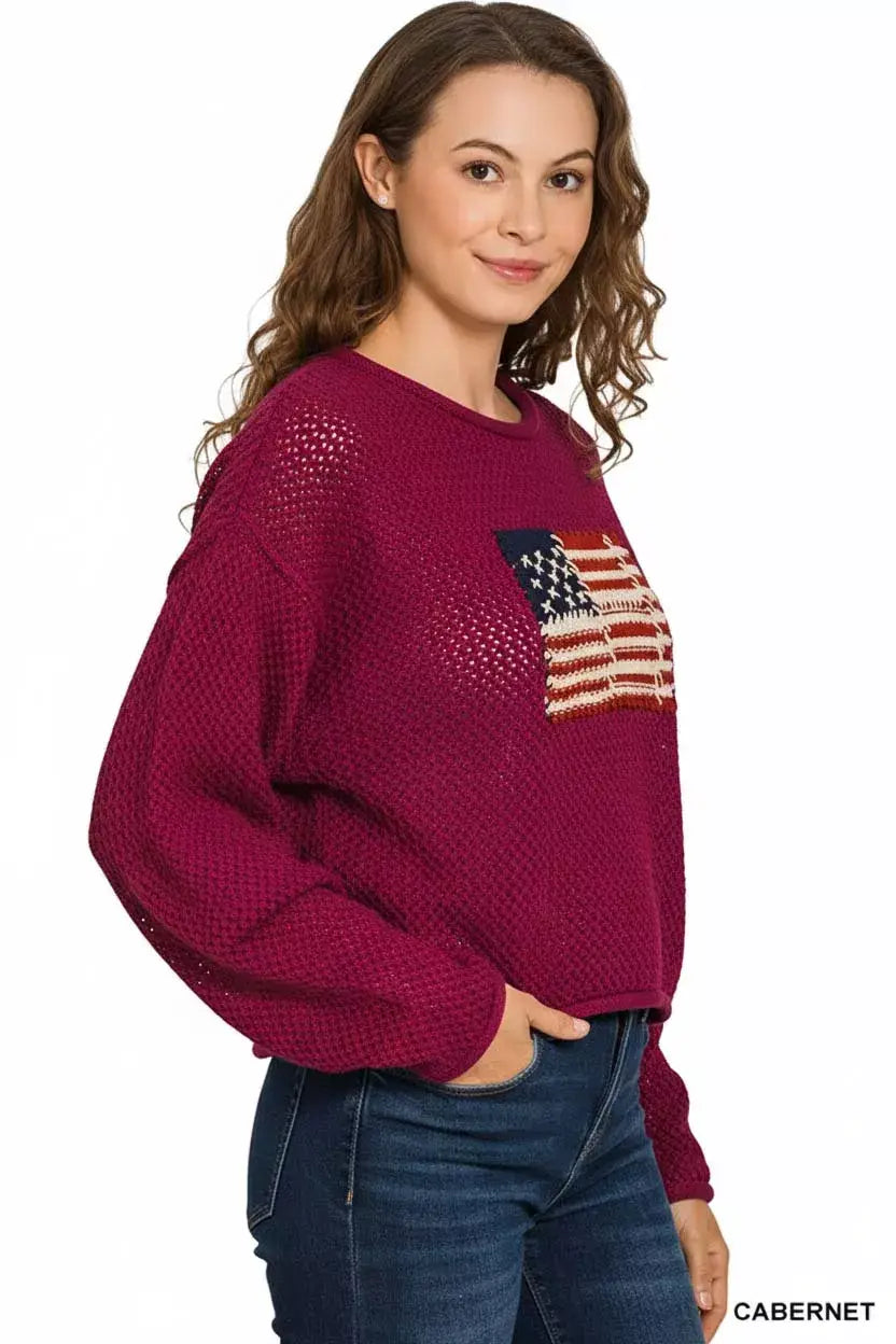 Zenana American Flag Crew Neck Sweater - Trendsi - Flyclothing LLC