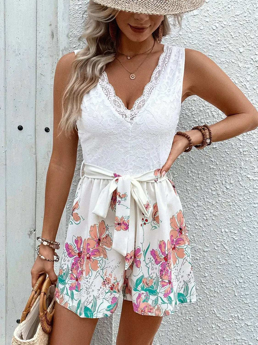Lace Printed V-Neck Sleeveless Romper - Trendsi - Flyclothing LLC