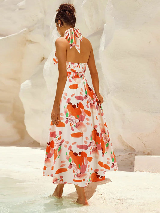 Ruched Printed Halter Neck Sleeveless Dress - Trendsi