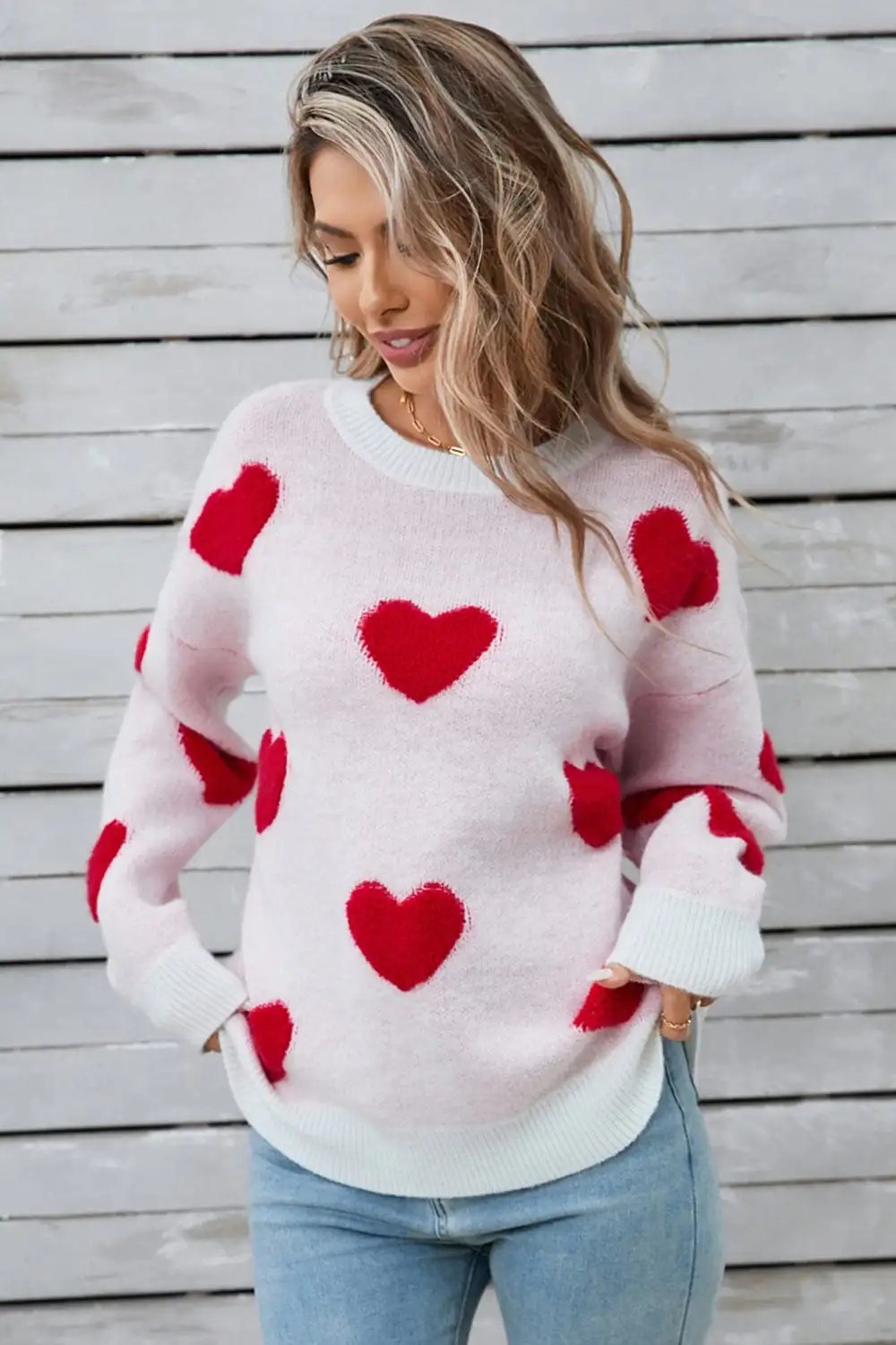 Angel Wings Heart Round Neck Long Sleeve Sweater - Trendsi