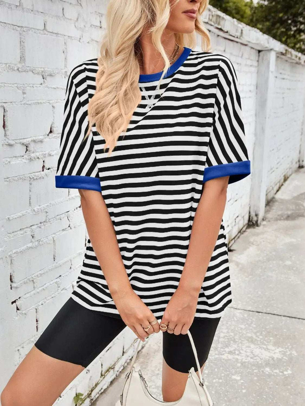 Lovelet Striped Round Neck Half Sleeve T-Shirt - Trendsi - Flyclothing LLC