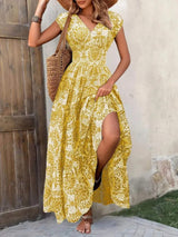 Printed Cap Sleeve Maxi Dress - Trendsi - Flyclothing LLC