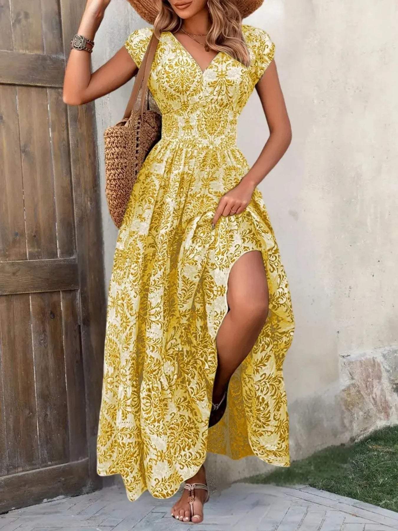 Printed Cap Sleeve Maxi Dress - Trendsi - Flyclothing LLC