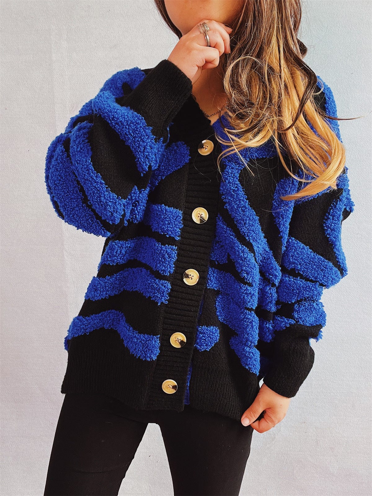 Contrast Button Up Long Sleeve Cardigan - Trendsi