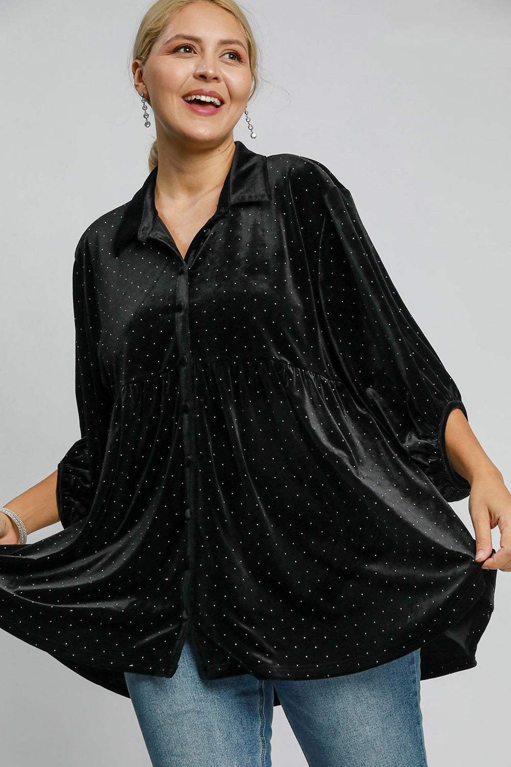 Umgee Full Size Polka Dot Button Up Half Sleeve Shirt - Trendsi - Flyclothing LLC