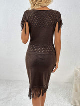 Fringe Openwork Boat Neck Knit Dress - Trendsi - Flyclothing LLC