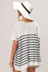 BiBi V Neck Striped Short Sleeve Top - Trendsi - Flyclothing LLC