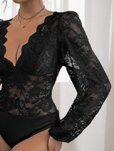 Perfee Lace Plunge Long Sleeve Bodysuit - Trendsi - Flyclothing LLC