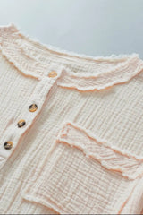 Textured Frayed Trim Half Button Short Sleeve Top - Trendsi - Flyclothing LLC