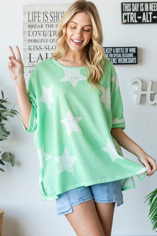 HOPELY Star Pattern Oversized Waffle T-Shirt - Trendsi