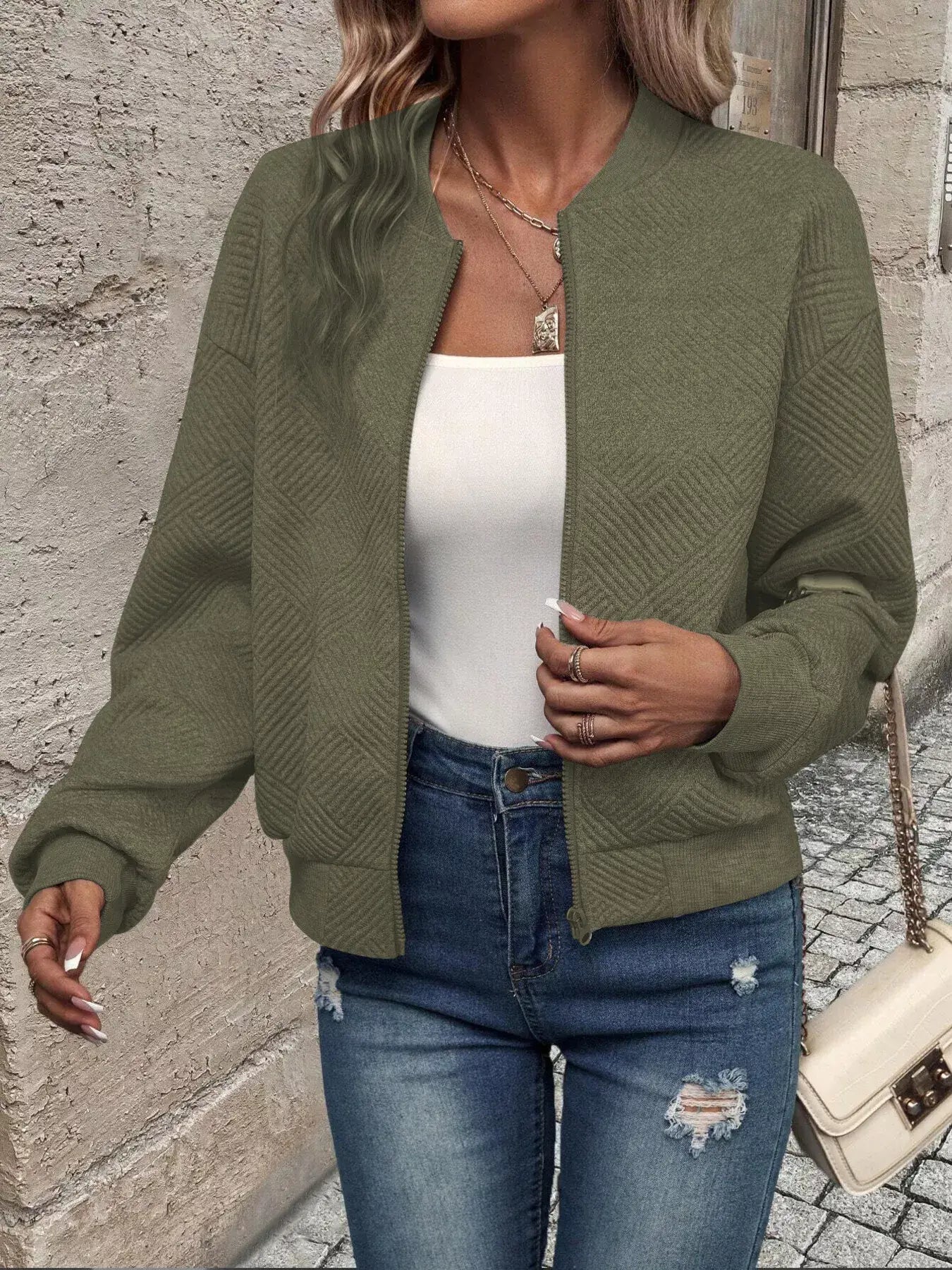 Texture Zip-Up Bomber Jacket - Trendsi - Flyclothing LLC
