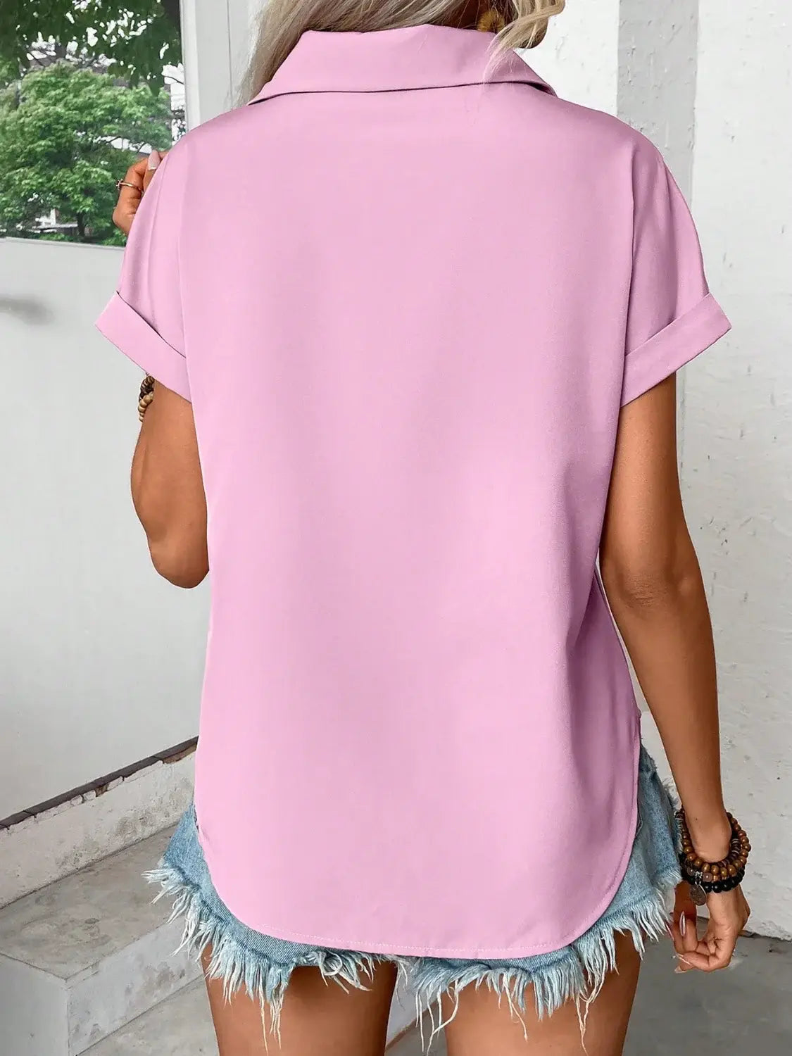 Pleated Detail Collared Neck Short Sleeve Shirt - Trendsi - Flyclothing LLC
