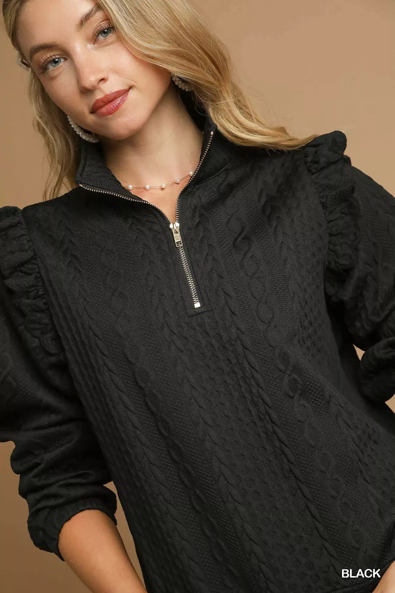 Umgee Cable Knit Textured Pullover with Ruffle Shoulders - Trendsi - Flyclothing LLC