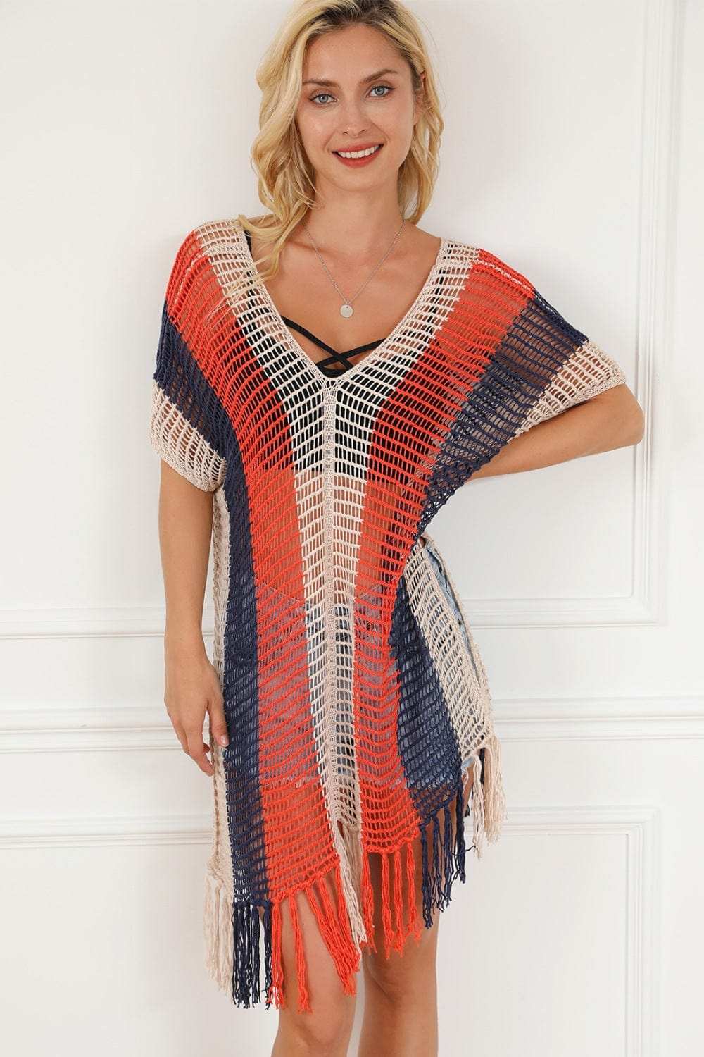 Tassel Color Block V-Neck Cover Up - Trendsi - Flyclothing LLC