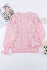 Openwork Round Neck Long Sleeve Sweater - Trendsi - Flyclothing LLC