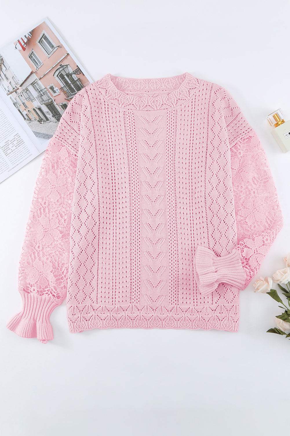 Openwork Round Neck Long Sleeve Sweater - Trendsi - Flyclothing LLC