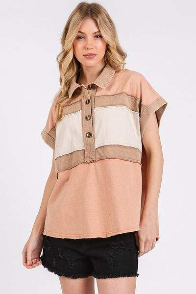 Mittoshop Mineral Washed Half Button Polo Top - Trendsi - Flyclothing LLC