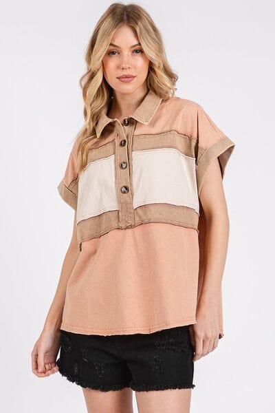 Mittoshop Mineral Washed Half Button Polo Top - Trendsi