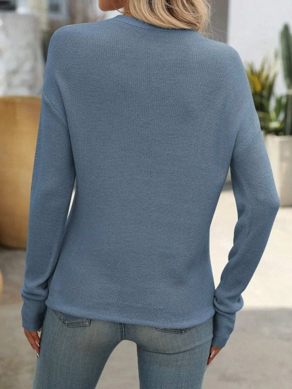 Round Neck Dropped Shoulder Knit Top - Trendsi - Flyclothing LLC