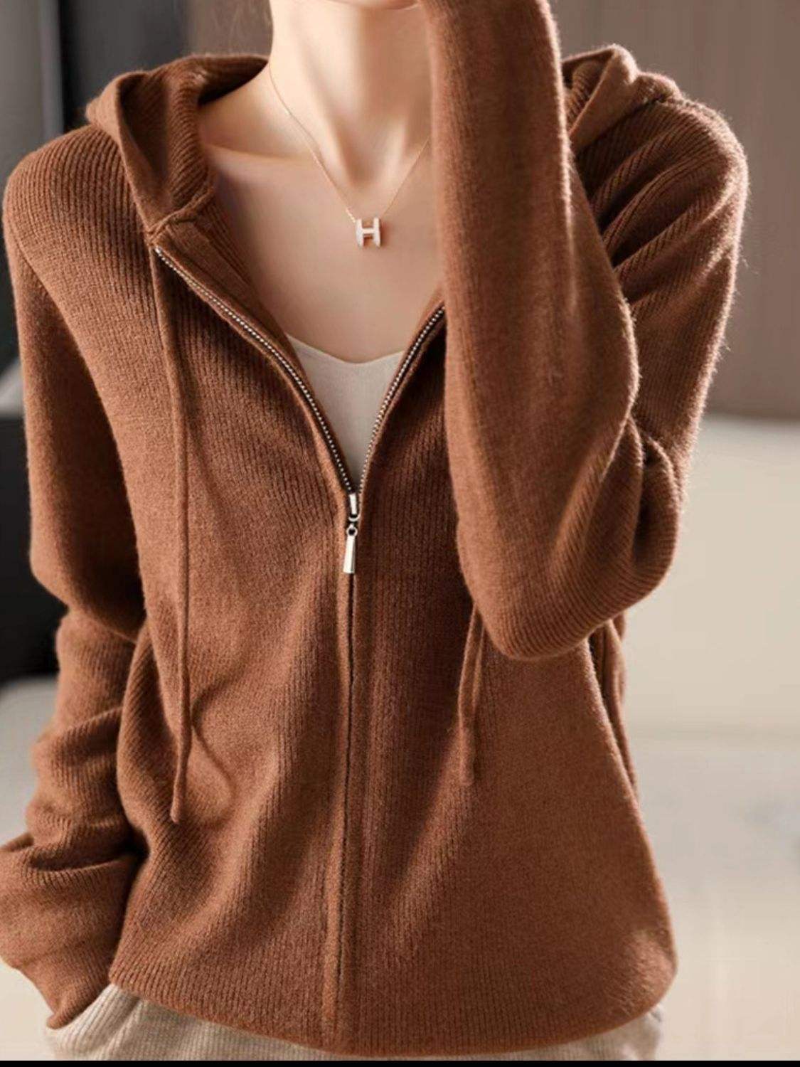 Drawstring Zip Up Long Sleeve Hooded Sweater - Trendsi - Flyclothing LLC