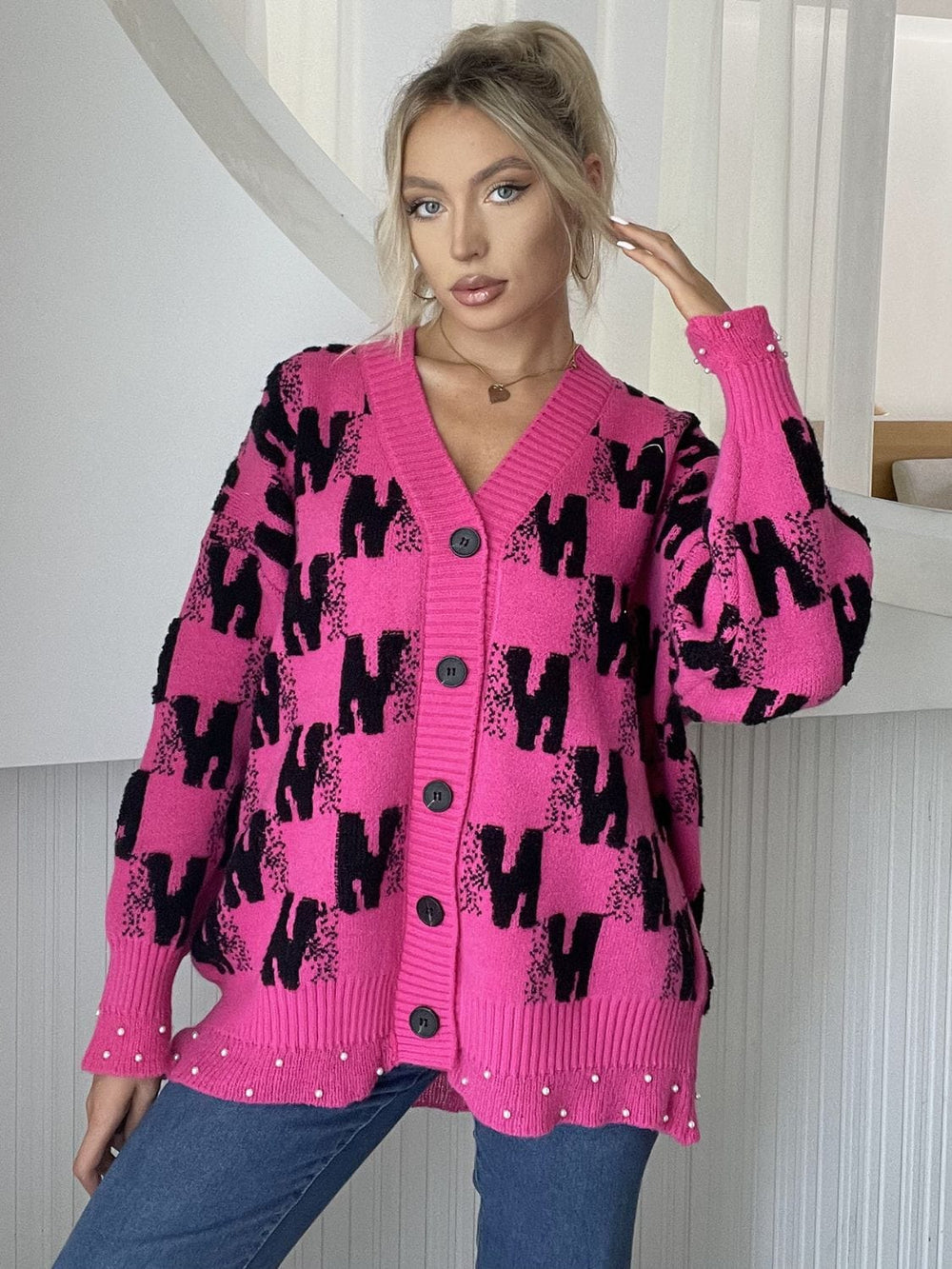 Pearl Trim V-Neck Button Up Cardigan - Trendsi