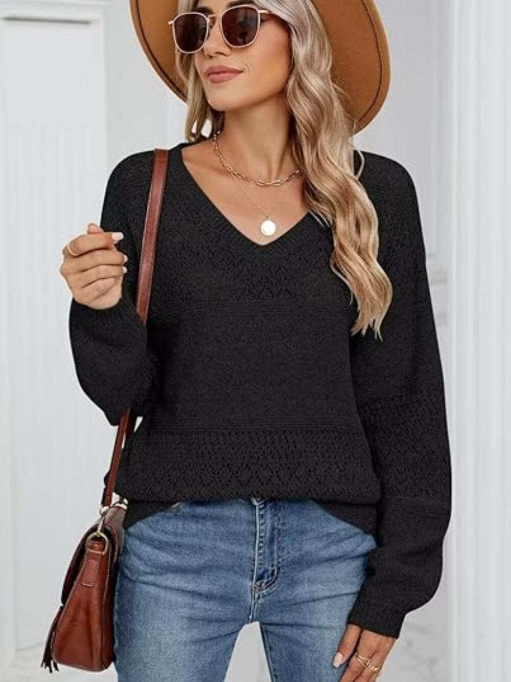 Eyelet V-Neck Long Sleeve Sweater - Trendsi - Flyclothing LLC