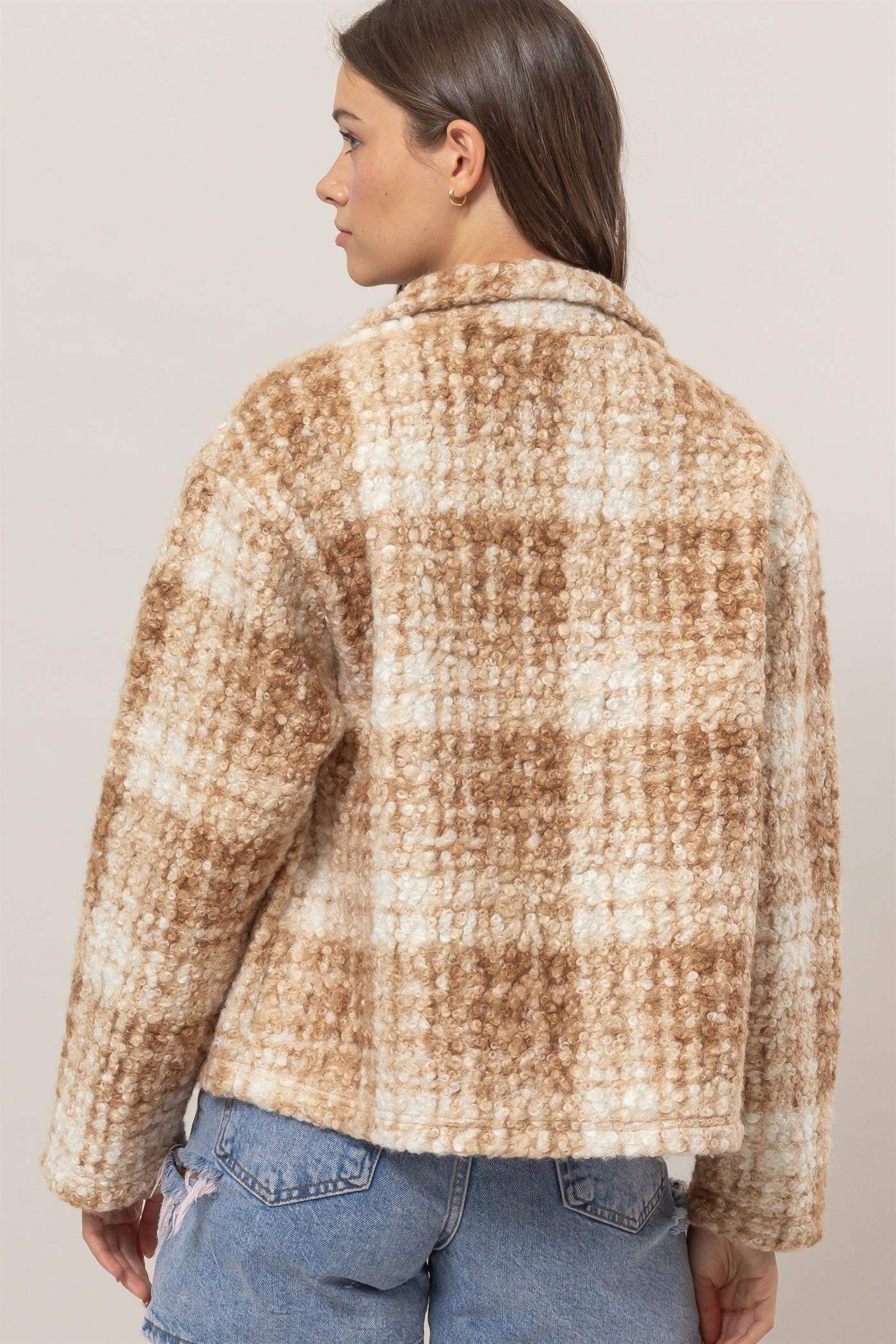 HYFVE Plaid Collared Neck Boucle Jacket with Pockets - Trendsi - Flyclothing LLC