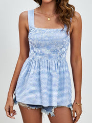 Smocked Plaid Square Neck Tank Trendsi