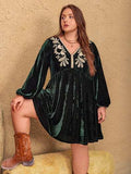 Plus Size Embroidered V-Neck Long Sleeve Dress - Trendsi - Flyclothing LLC
