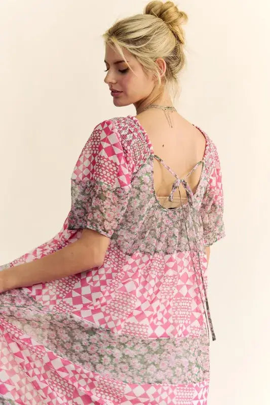 Davi & Dani Multi Floral Square Neck Puff Sleeve Maxi Dress - Trendsi - Flyclothing LLC