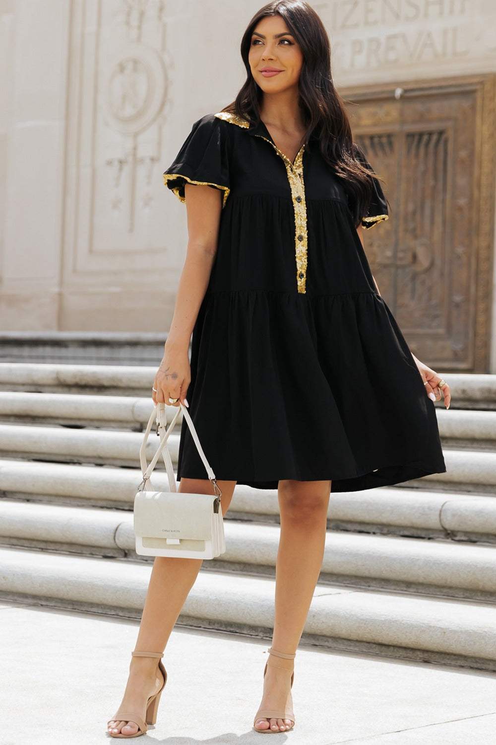 Sequin Half Button Short Sleeve Dress - Trendsi - Flyclothing LLC