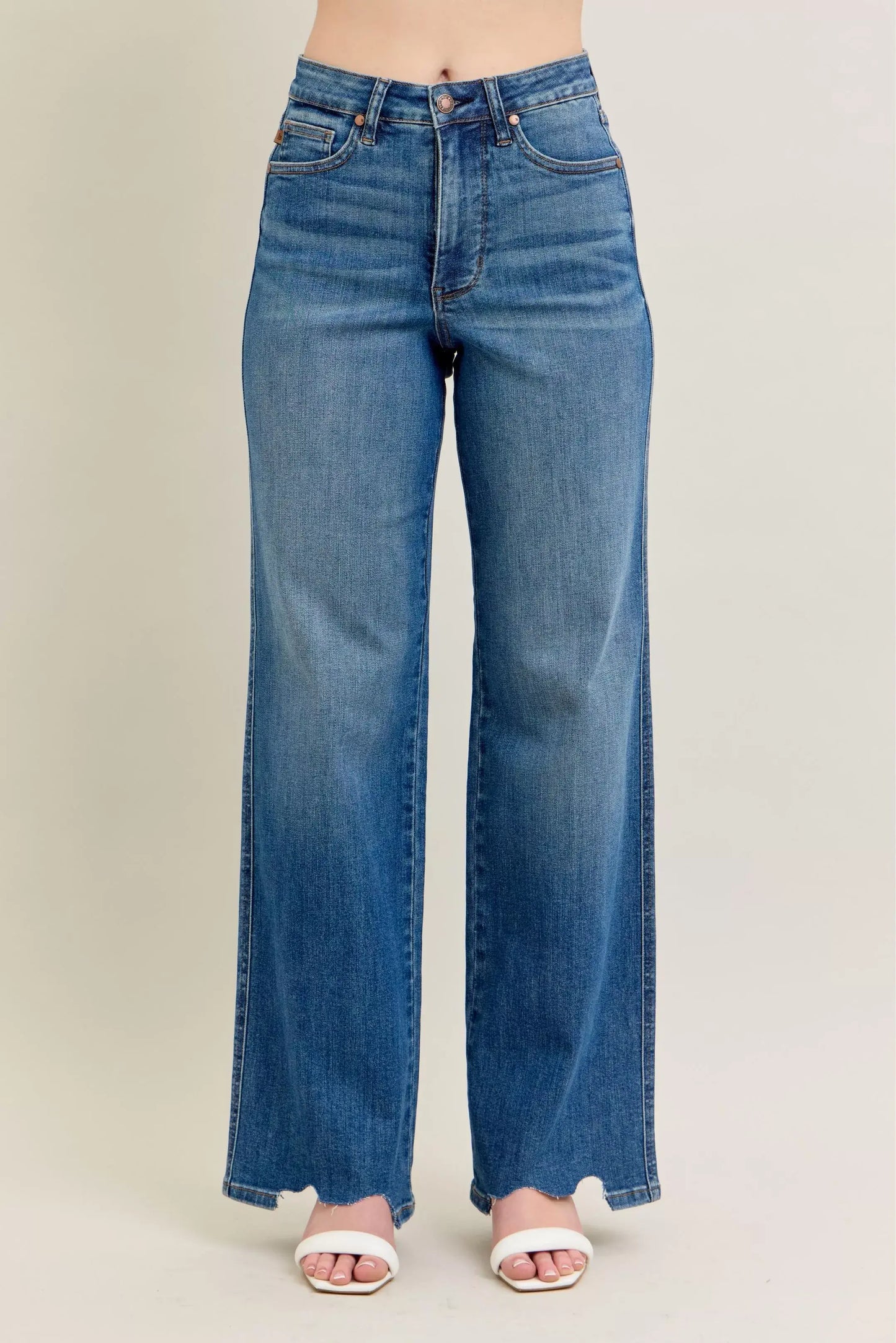 Judy Blue Full Size High Waist Tummy Control Chew Hem Destroy Wide Jeans Plus Size - Trendsi - Flyclothing LLC