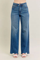 Judy Blue Full Size High Waist Tummy Control Chew Hem Destroy Wide Jeans Plus Size - Trendsi - Flyclothing LLC