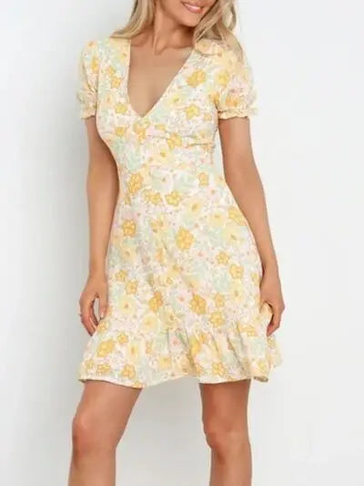 Ruffled Hem Printed Short Sleeve Mini Dress - Trendsi - Flyclothing LLC